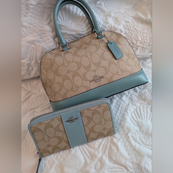 Coach Handbags - Coach Sierra Signature Dome Satchel, Seafoam Trim Bag w/Matching Wallet